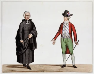A Deputy of the Clergy and a Man in Fashion from September 1789 - Lithograph of Villain, from the Collection of Costumes, Weapons and Furniture to Serve in the History of the French Revolution and the Empire, by Count Horace de Viel Castel, edition Canson