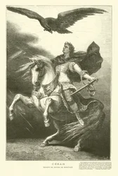 Julius Caesar on horseback with an imperial eagle above him