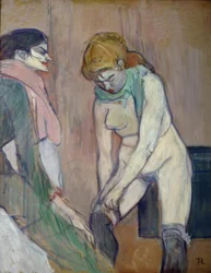 Woman Pulling Up Her Stocking