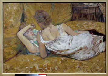 The Two Friends. Young women lying on a bed - Painting by Henri de Toulouse-Lautrec (1864-1901), 1895, private collection