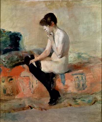 Nude Study. Naked Woman Sitting on a Couch