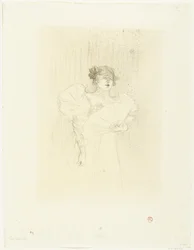 Portrait of actress Luce Myrès with fan