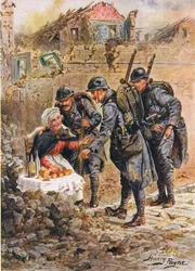 An Old Woman Selling Cakes Amid the Falling Houses of Verdun, Illustration from Brave Deeds by Brave Men