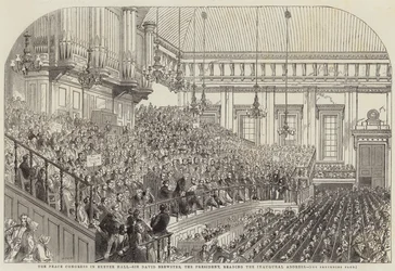 The Peace Congress in Exeter Hall, Sir David Brewster, the President, reading the Inaugural Address