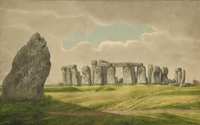 Stonehenge from the N.E., showing ruins and heel stone with cart, horse, person, 1824-1839