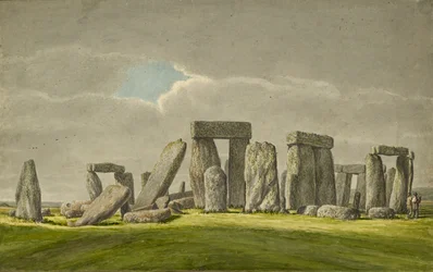 Stonehenge from the S.E, showing stones in ruined state with 2 visitors