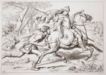 How Martin Lightfoot over-takes Hereward, illustration from Hereward the Great by Charles Kingsley, pub. 1870, engraved by C.G. Lewis