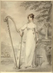 Full-Length Portrait of "Miss V. Dupuis" Resting Her Arm on a Harp. In the Background a Fountain and a Landscape with Deer
