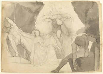 Aided by Eeriboia, Hermes Carries Off the Exhausted Ares from the Sleeping Sons of Aloeus (recto); Sketch of One of the Sleeping Sons of Aloeus (verso)