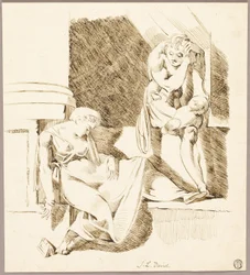 Seated Troubadour Looking at Woman Asleep on Ledge