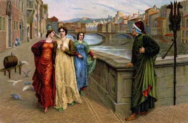 Dante Alighieri meeting his muse Beatrice Portinari in Florence, c.1890
