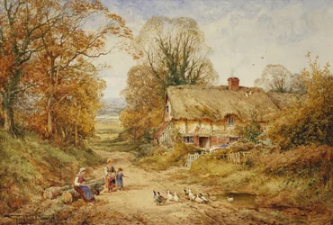 Children Feeding Ducks Beside a Cottage in a Wooded Lane