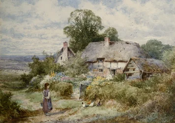 Young Girl Feeding Chickens Outside a Cottage