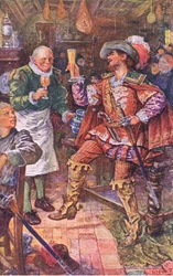Michael Lambourne drinks with the landlord of the Black Bear, illustration from Kenilworth, c. 1910