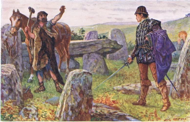 Tresilian confronts the mysterious farrier, illustration from Kenilworth
