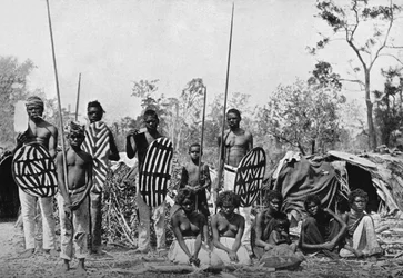 A Party of Queensland Natives Carrying Spears and Shields, 1902