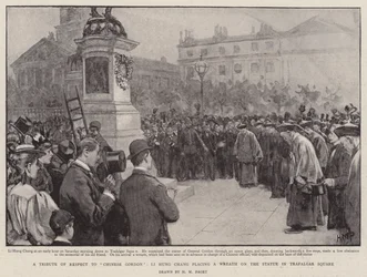 A Tribute of Respect to Chinese Gordon, Li Hung Chang placing a Wreath on the Statue in Trafalgar Square