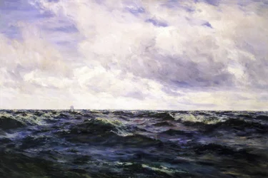 Seascape, with a boat sign on the left, and a cutter represented in the middle of a race on the right, both represented at a very great distance