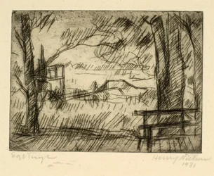 View over Water from a Shaded Path with a Bench