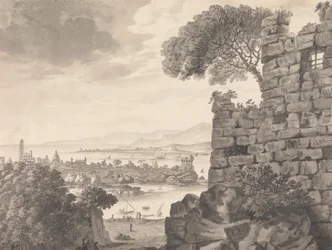 Landscape with Ruins in the Foreground, Harbor and Village, in Background