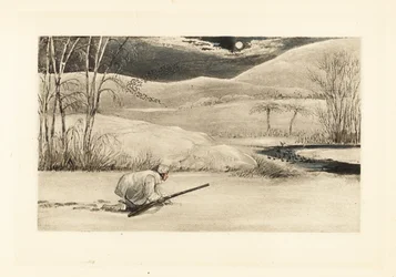 English gentleman crawling on a frozen riverbank to hunt ducks