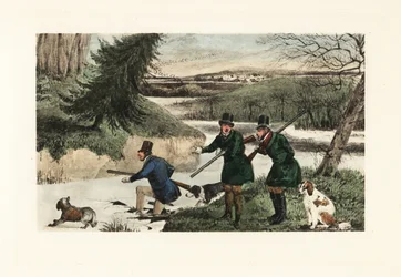 Victorian Gentlemen Hunting Ducks with Guns and Dogs on a Frozen Lake