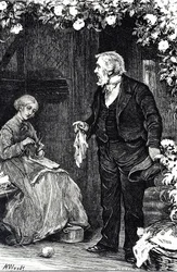 Engraving depicting a woman knitting