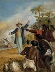A Scottish Missionary Coming Ashore Confronted by Warring Maoris, 1868