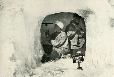 Lieut. Evans and Nelson Cutting a Cave for Cold Storage, 12 January 1911, 1913