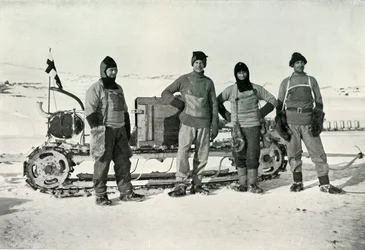 The Motor Party Left to right - Lashly, B.C. Day, Lieut. Evans, Hooper, October 1911