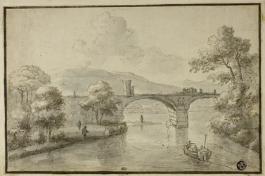 River with Arched Bridge and Boat
