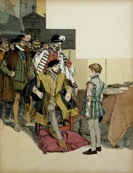 The King of France Henri II surrounded by his gentlemen likes to question Henry IV as a child for his repartees. Illustration by Hermann Vogel in 