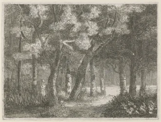 Hunter and His Dog in the Forest