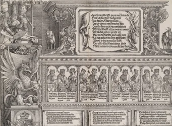 The Upper Section of the Right Portal, with the Inscription on a Stag Skin, a Frieze