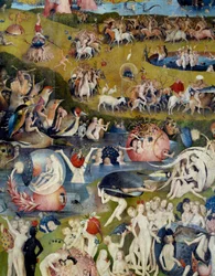 Men and women enjoying the delights of Earth. Detail of the central part of the triptych “The Garden of Earthly Delights” by Hieronymus van Aeken, known as Hieronymus Bosch (1450-1516)