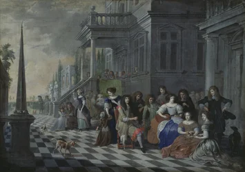 Characters Making Music in Front of a Palace