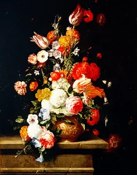 Roses, Peonies, Tulips and Hydrangea in a Decorative Bronze Urn