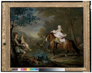 A Gentleman on Horseback with Huntsmen in an Extensive Landscape