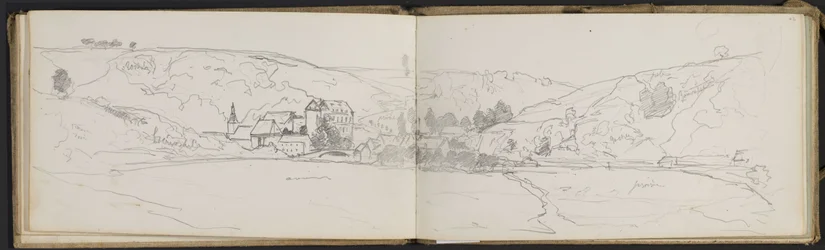 Village view with colour annotations (pages from a sketchbook)