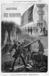 Illustration of the book Face au drapeau by Jules Verne, frontispiece Hetzel edition - Les voyages extraordinaire 1896 (engraving)