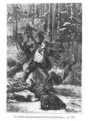 The Frenchman Was Able to Flatten Three of them with a Punch, illustration from Around the World in Eighty Days by Jules Verne (1828-1905) engraved by Henri Theophile Hildibrand (1824-97)