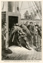 Followed by Passepartout with the wings on his back, from Around the World in Eighty Days by Jules Verne, engraved by Adolphe François Pannemaker, 1873