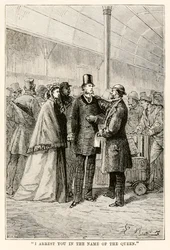 I arrest you in the name of the Queen, from Around the World in Eighty Days by Jules Verne, 1873