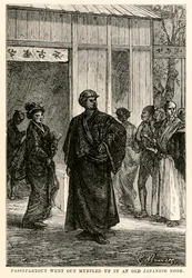 Passepartout went out muffled up in an old Japanese robe, from Around the World in Eighty Days by Jules Verne, engraved by Louis Prevost, 1873