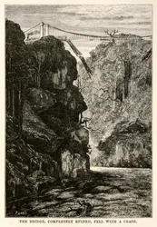 The bridge, completely ruined, fell with a crash, from Around the World in Eighty Days by Jules Verne, engraved by Louis, 1873