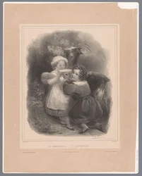 Two Children with a Goat Drinking Goat Milk