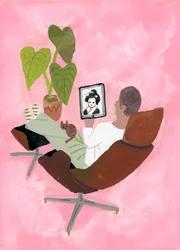 A man watching geisha girl on the iPad 2017