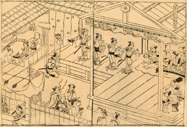 Kabuki performance in the Shijo river-bed, 1658, 1924