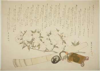 A Branch of White Peach Blossom, an Inro case, and a Hotchiku Flute