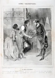 Artwork by Honore Daumier Charivari dates from 1843: Serie SCENES PARLIAMENTARY. The election visit